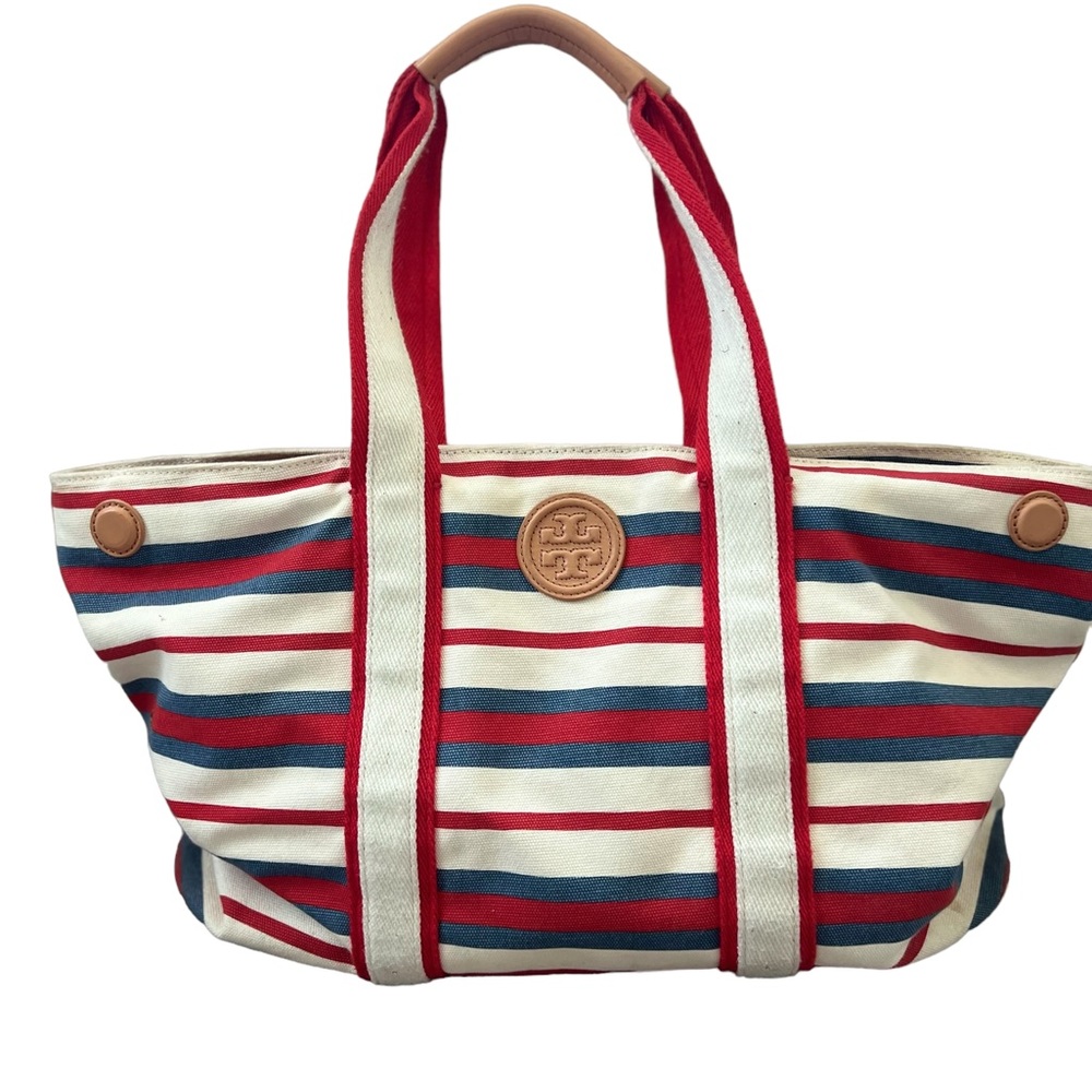 Tory Burch Bag Canvas Striped leather handles red blue tote bag handbag purse